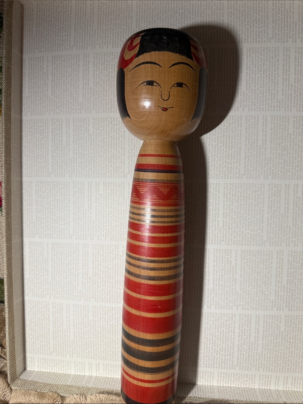 Handcrafted Wooden Kokeshi Sculpture in Red, Black and Natural Wood